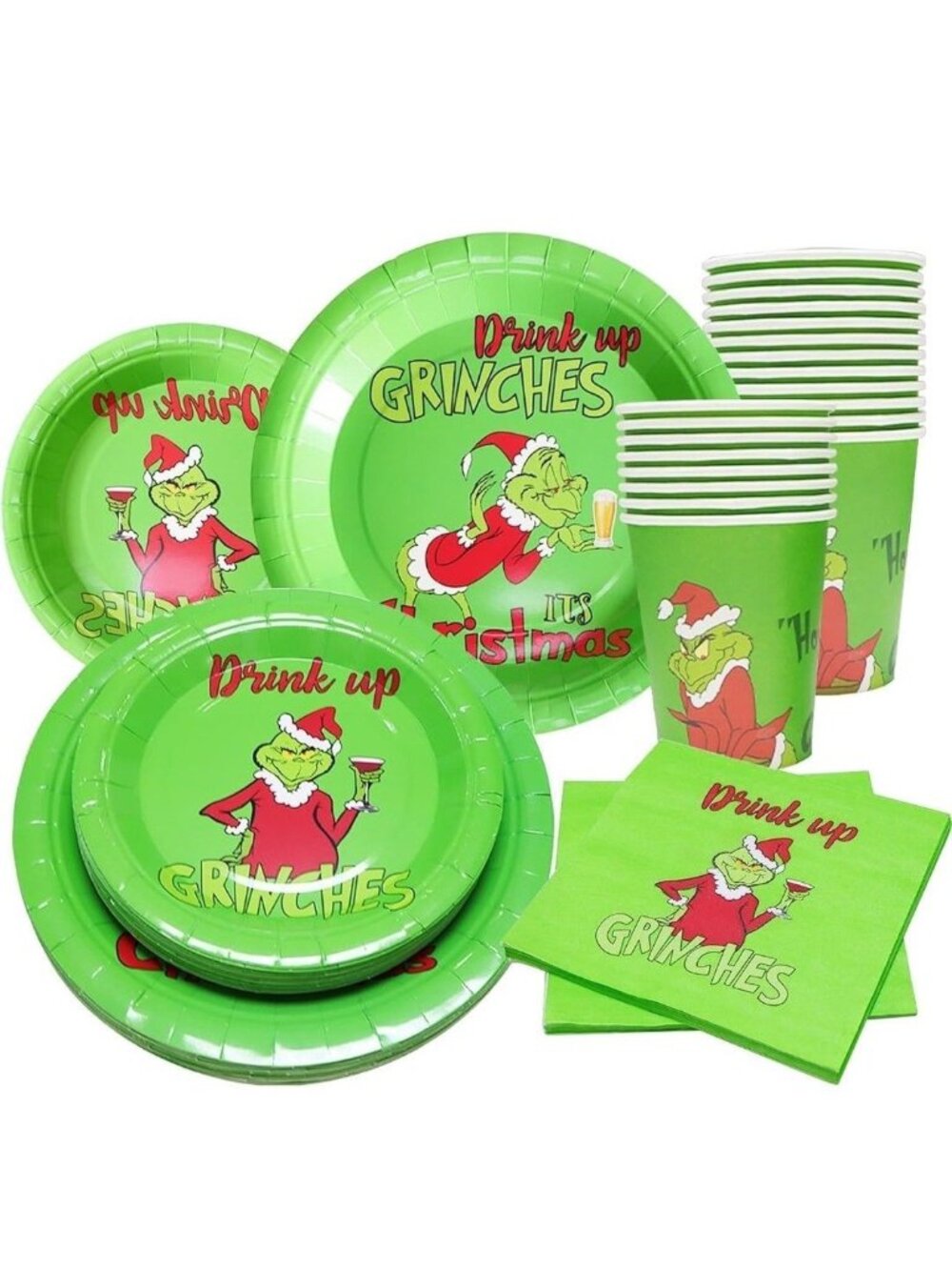 Grinch Paper Plates (small & large) & cup set 100pc for 25 people + BONUS orname